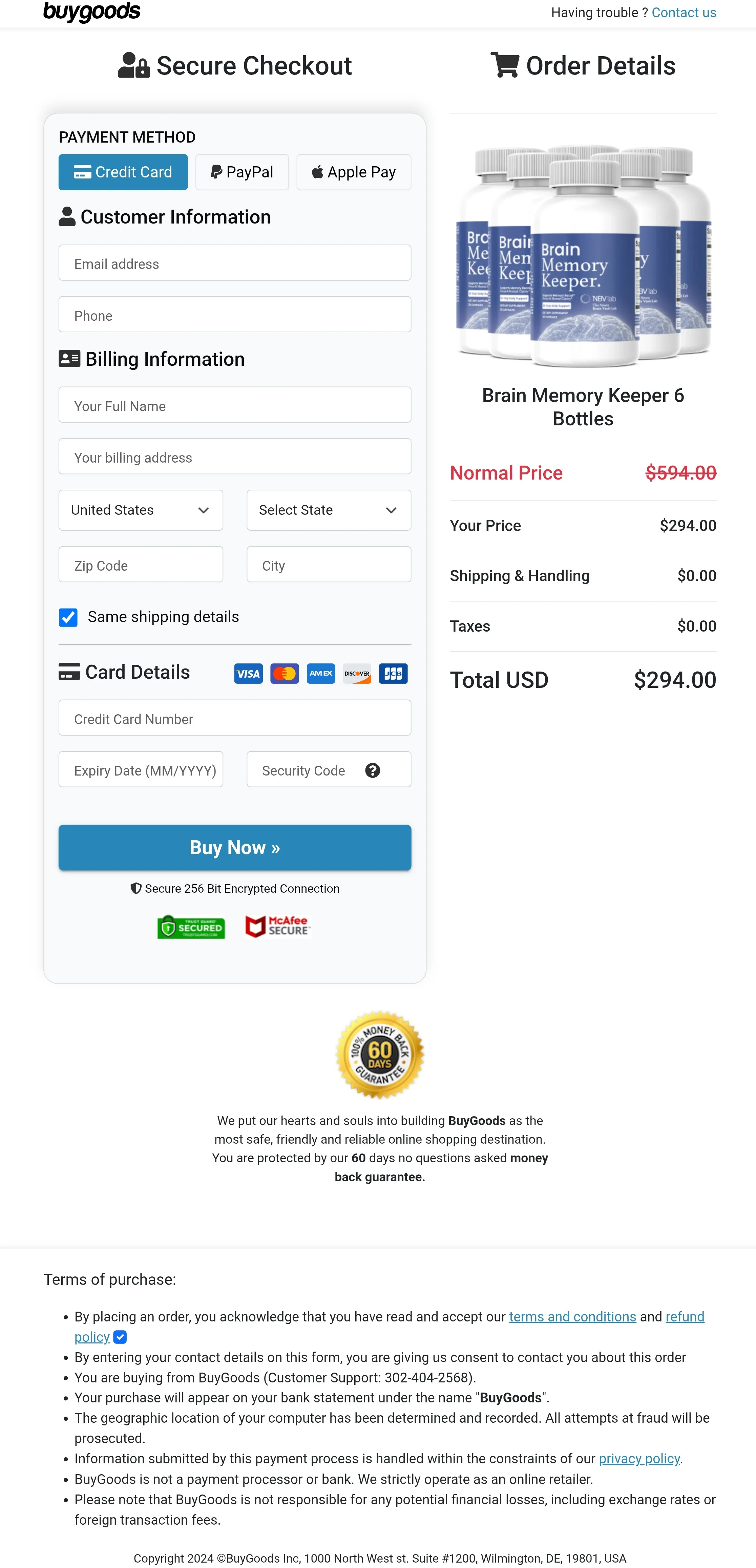 Brain Memory Keeper order form